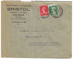 COLMAR 2 GARE Haut Rhin Lettre Entête Hôtel BRISTOL 10C Pasteur Vert 40c Semeuse Vermillon Yv 194 170 - Storia Postale