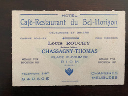RIOM (PUY-DE-DÔME): CARTE DE VISITE DE L'HÔTEL CAFÉ-RESTAURANT DU BEL-HORIZON LOUIS ROUCHY (EX-CHASSAGNY-THOMAS)- PLACE - Auvergne