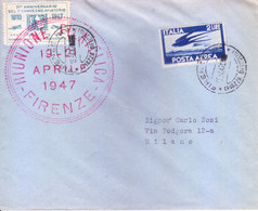 ITALY : YEAR 1947 : RARE AIR MAIL COVER : 37 ANNIVERSARY DEL 1 CONVEGNO AVIATORIO, : RIUNIONE, FIRENZE - 1946-47 Período Del Corpo Polacco