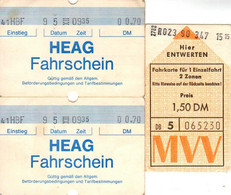 Germany, 1990's, Lot Of 3 Vintage Transport Tickets - HEAG Fahrshein (Darmstadt) & MVV (Munchen) - Altri