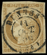 EMISSION DE 1849 - 1    10c. Bistre-jaune, Obl. Càd T15 RENNES, RR, TB. J - 1849-1850 Ceres