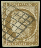 EMISSION DE 1849 - 1b   10c. Bistre-VERDATRE, Obl. GRILLE, Marges Fines, Filets Intacts, TB - 1849-1850 Ceres