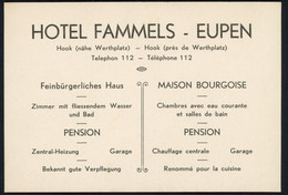 Carte Publicitaire 8,5 X 12,5 Cm - Hôtel Fammels - Hook - Eupen - Voir Scan - Visiting Cards