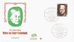 Germany Deutschland Austria 1980 FDC Marie Von Ebner-Eschenbach, Austrian Writer, Canceled In Bonn - 1971-1980