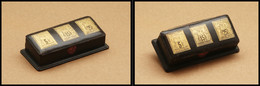 Boîte En Cuir Vert Avec Transfert Au Fer De 3 Types Sage Dorés Sur Couvercle, 3 Comp., 95x40x25mm. - TB - Stamp Boxes