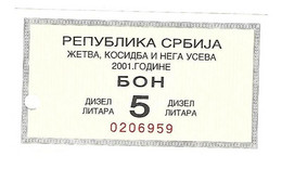 *serbia  Harvest Bon 5 Liter Dizel 2001  S29    With  Stamp - Serbia