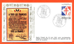 GENERAL DE GAULLE 1890-1970 Enveloppe 1er Jour Appel à La Resistance Paris 17-18/06/1990 - 2010-2019