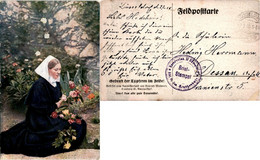Germany 1915 Postcard Field Post WW1 Feldpostkarte Feldpost woman In Garden Rose Flower Remember The Brave In The Field - Rose