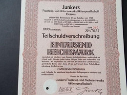 Teilschuldverschreibung Junkers Flugzeug Motorenwerke 1000 Reichsmark - Aviazione