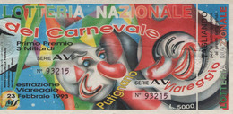 LOTTERIA NAZIONALE Del"CARNEVALE Di VIAREGGIO " -ESTRAZIONE 23 FEBBRAIO1993-SERIE AV N° 93215 - - Biglietti Della Lotteria
