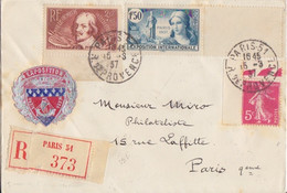 F Lettre Recommandée Obl. Paris 51 Le 13/3/37 Sur N° 336 (1° Jour), 330, 278B - Storia Postale