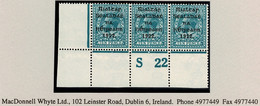 Ireland 1922 Thom Rialtas Blue-black Ovpt On 10d, Control S22 Perf, Corner Strip Of 3 Mint Unmounted - Unused Stamps