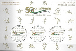 UAE, 2021, MNH, EMIRATES SPORT IN 50 YEARS, CYCLING, ARCHERY, FOOTBALL, SWIMMING, HORSERIDING, SAILING, SHEETLET OF 3v - Altri