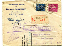 Lettre En Recommandé De Deauville Avec  Affanchissement Semeuses Lignées Rt Réexpédition 1932. - Non Classés