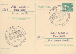 DDR Ganzsache Mit Sonderstempel Stiege Wiederaufnahme Des Reiseverkehrs 1984 - Postcards - Used