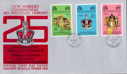New Hebrides 1977 Royal Visit Sc 233-35 FDC - Cartas & Documentos