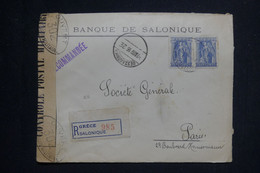 GRECE - Enveloppe Commerciale En Recommandé De Salonique Pour Paris En 1915 Avec Contrôle Postal - L 131700 - Storia Postale