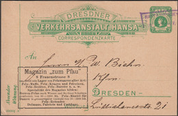 Dresde 1887. Entier De Poste Privée Hansa. Repiquage Magasin Zum Pfau, Au Paon. Fourrures, Bas, Chaussettes, Gants - Pavoni