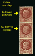 FRANCE - YT 517 ** - PETAIN - VARIETE IMPRESSION MACULEE - 2 TIMBRES DANS BANDE DE 3 - TIMBRES NEUFS ** - Unused Stamps