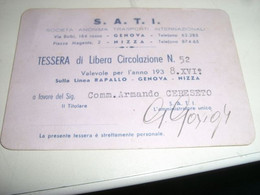 TESSERA DI LIBERA CIRCOLAZIONE 1938 RAPALLO GENOVA NIZZA - Europa