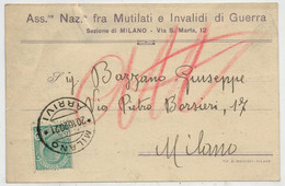 ASS.  NAZ. FRA    MUTILATI  ED  INVALIDI  DI  GUERRA  SEZ.  MILANO    1920     VIAGGIATA  PER  MILANO - Marcophilia (Zeppelin)