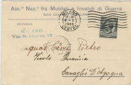 ASS.  NAZ. FRA    MUTILATI  ED  INVALIDI  DI  GUERRA  SEZ.  MILANO  1920      VIAGGIATA  PER  CAVAGLIO D' AGOGNA - Poststempel (Zeppeline)