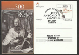 Portugal Entier Postal 2013 Illuministe Luis António Verney Philosophe Théologien Cachet Premier Jour Postal Stationery - Théologiens