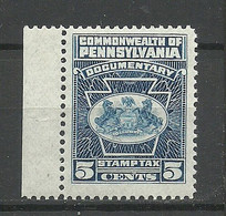 USA Commonwealth Of Pennsylvania Local Documentary Tax 5 Cents MNH - Fiscaux