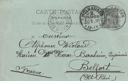 France Alsace Cachet Allemand Mülhausen Sur Entier Postal Français 1892 - Briefe U. Dokumente