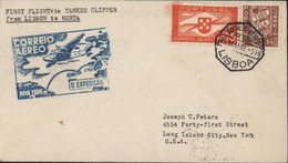 First Flight Via Yankee Clipper From Lisbon To Horta + Correio Aereo Portugal USA YT Portugal N°582 + Poste Aérienne N°2 - Cartas & Documentos