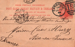 CP POSTMARK Entier Postal Great Britain & Ireland R U& Irlande 30/06/1895 One Penny From CAMBRIDGE TO AIX EN PROVENCE - Covers & Documents