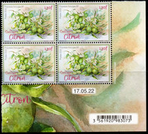 Polynésie Française 2022 - Fruits, Citron, Timbre Senteur Citron - Bloc De 4 Avec Coins Datés Neufs // Mnh - Unused Stamps