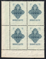 1945 Hungary - Revenue Fiscal Tax Stamp - 1000 P - MNH - Block Of Forur - CORNER - Revenue Stamps