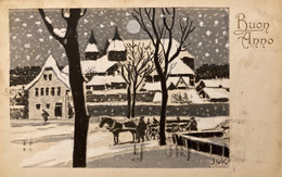 Bonne Année - Buon Anno - CPA Illustrateur JVK - Village Sous La Neige - Attelage - New Year