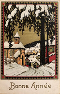 Bonne Année - CPA Illustrateur Gaufrée Embossed - Village Sous La Neige - Attelage - New Year