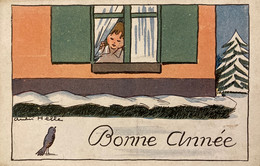 Bonne Année - CPA Illustrateur ANDRÉ HELLÉ - Neige Hiver - Enfant à La Fenêtre Et Oiseau - New Year