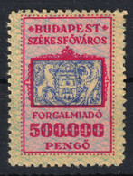 1945-1946 Hungary - BUDAPEST City Local ( Sales Value Added Tax ) VAT Fiscal Revenue Stamp - 500000 P - Inflation - Fiscaux