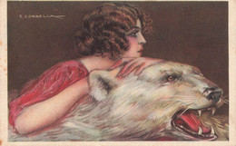 CPA Illustrateur Corbella - Femme Appuyée Sur Une Peau De Bete - Tete D'ours Blanc - Corbella, T.