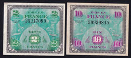 2x Frankreich: 2 + 10 Francs 1944 "Drapeau" (FAY-VF16.1 + 18.1) - 1944 Flag/France