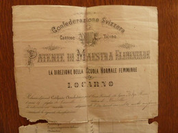 F24 - Diplome De Maitresse D'Ecole - Patenta Di Maestra Elementare Confederazione Svizzera Cantone Ticino - Locarno 1882 - Diploma & School Reports