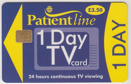 UK - 1 Day TV Card (Purple & Yellow), Patientline , CN:1PLFFJ, At The Bottom, 3.50 £, Used - Emissions Entreprises