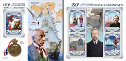 Centrafrica 2022, Explorers, Amundsen, Ship, 4val In Block +BF - Polar Explorers & Famous People
