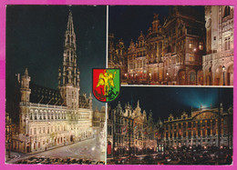 280820 / Belgium - Bruxelles Brussel Brussels - Night Town Hall Grand-Place Clock At Facade Three Views PC Belgique - Brussels By Night