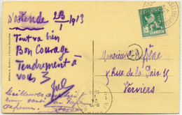 5c. PELLENS Oblitération AMBULANT SPOORWEGSTEMPEL OOSTENDE-BRUSSEL (BRUXELLES) Sur C.P. Du 24-1913 Vers Verviers.  - 201 - 1912 Pellens
