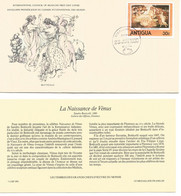 Enveloppe 1er Jour Des Musées La Naissance De Vénus- Botticelli- Timbre  Antigua 23 Juin 1980 + Fichier Explicatif - Museos