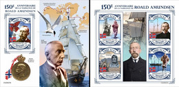 Centrafrica 2022, Explorers, Amundsen, Ship, 4val In Block +BF IMPERFORATED - Polar Explorers & Famous People