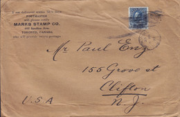 Canada MARKS STAMP COMPANY Ltd,  TORONTO Ont. 1922 Cover Lettre CLIFTON New Jersey United States 5c. George V. Stamp - Cartas