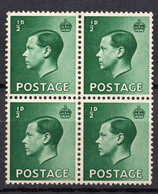 GREAT BRITAIN/1936/MNH/SC#230/ KING EDWARD VIII / KEVIII / ROYALTY/ 1/2P DARK GREEN  / BLOCK OF 4 - Ungebraucht