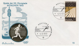 Germany Deutschland 1972 FDC Badminton, Olympischen Spiele Olympic Games Munchen 15 - 1971-1980