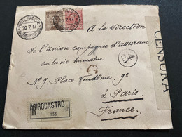 Lettre Recommandé 1917 De Agirocastro Pour Paris Censure Militaire - Marcophilia
